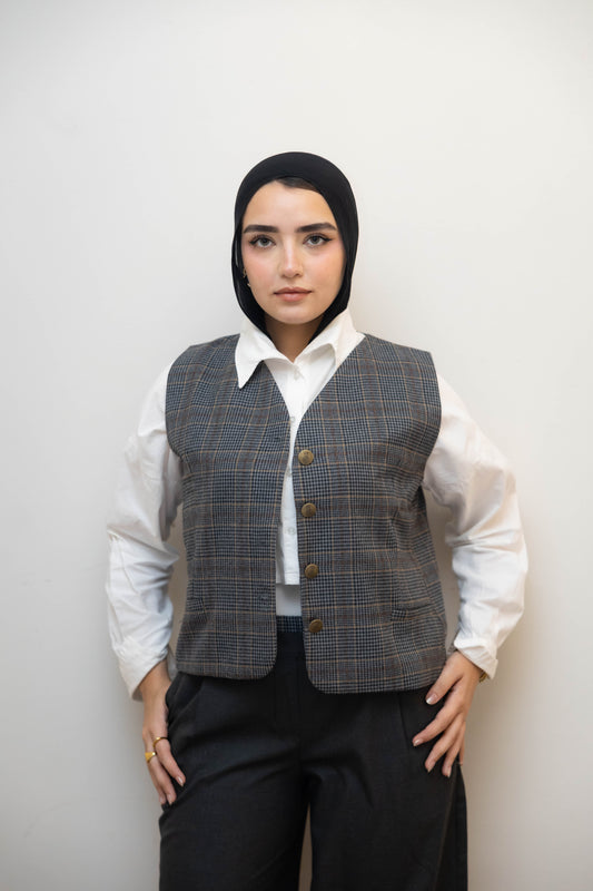 Short gray plaid vest