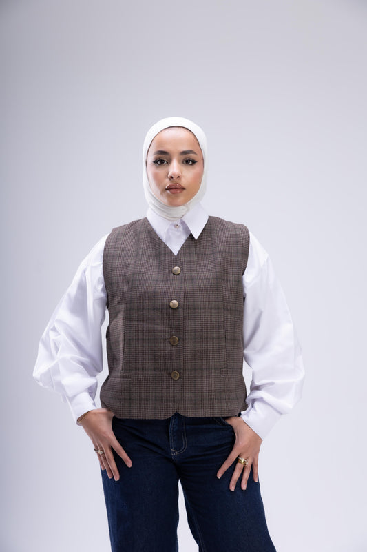 Short brown plaid vest