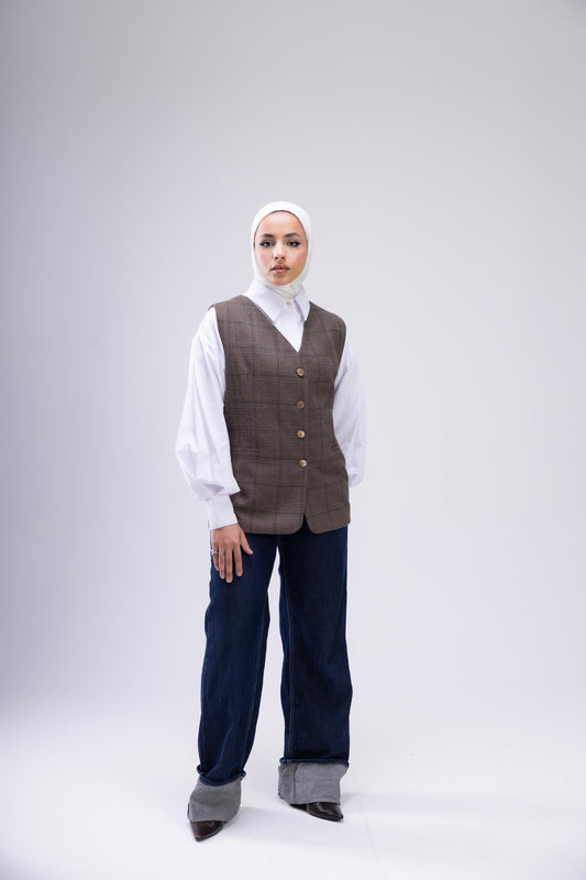 Long brown Plaid Vest