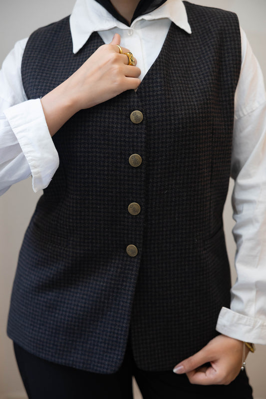 Wool Black & Brown Plaid Vest