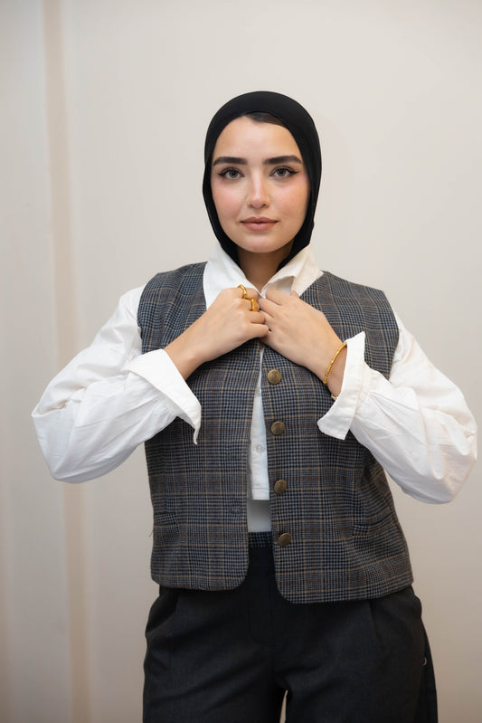 Short gray plaid vest