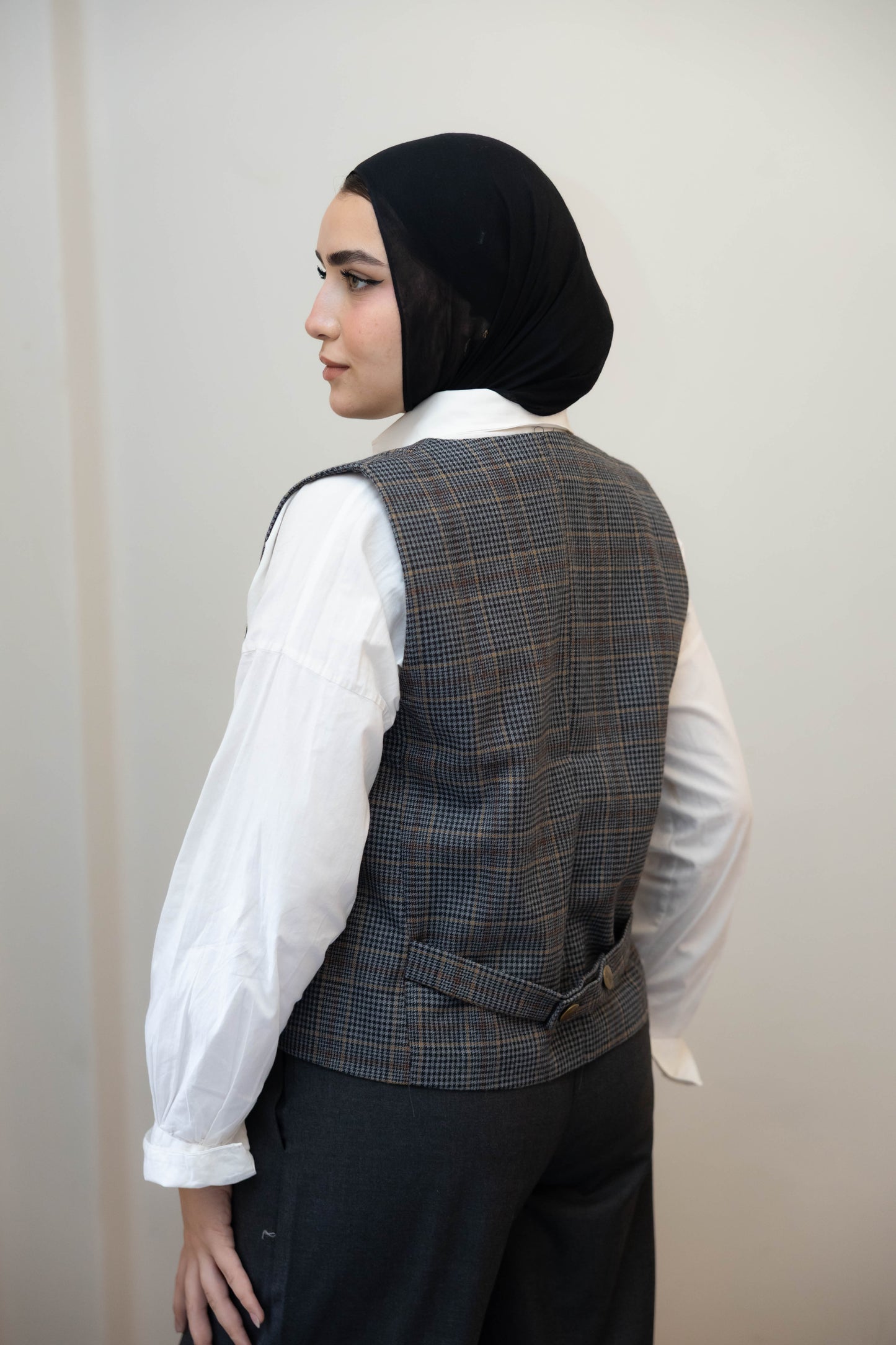 Short gray plaid vest