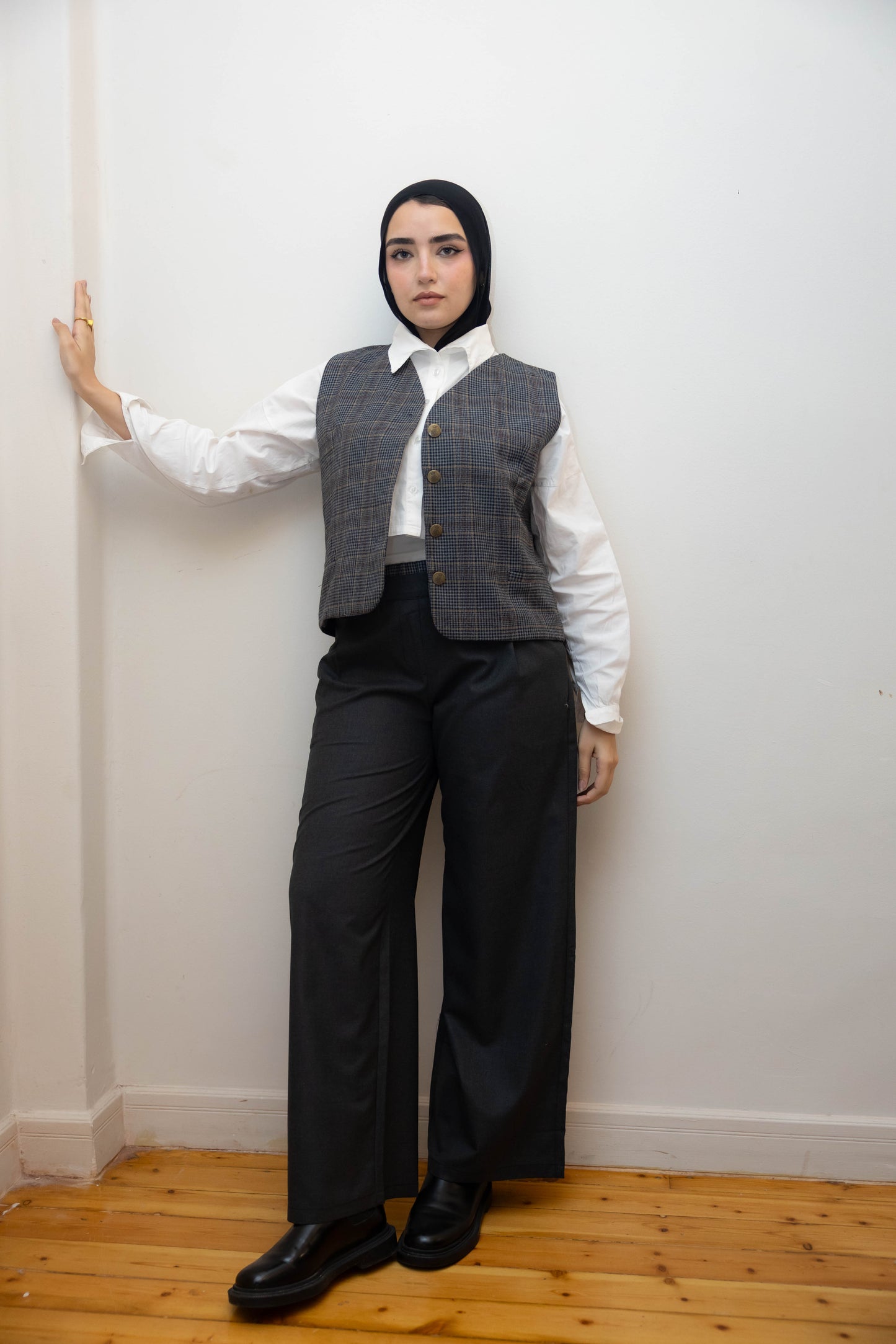 Short gray plaid vest