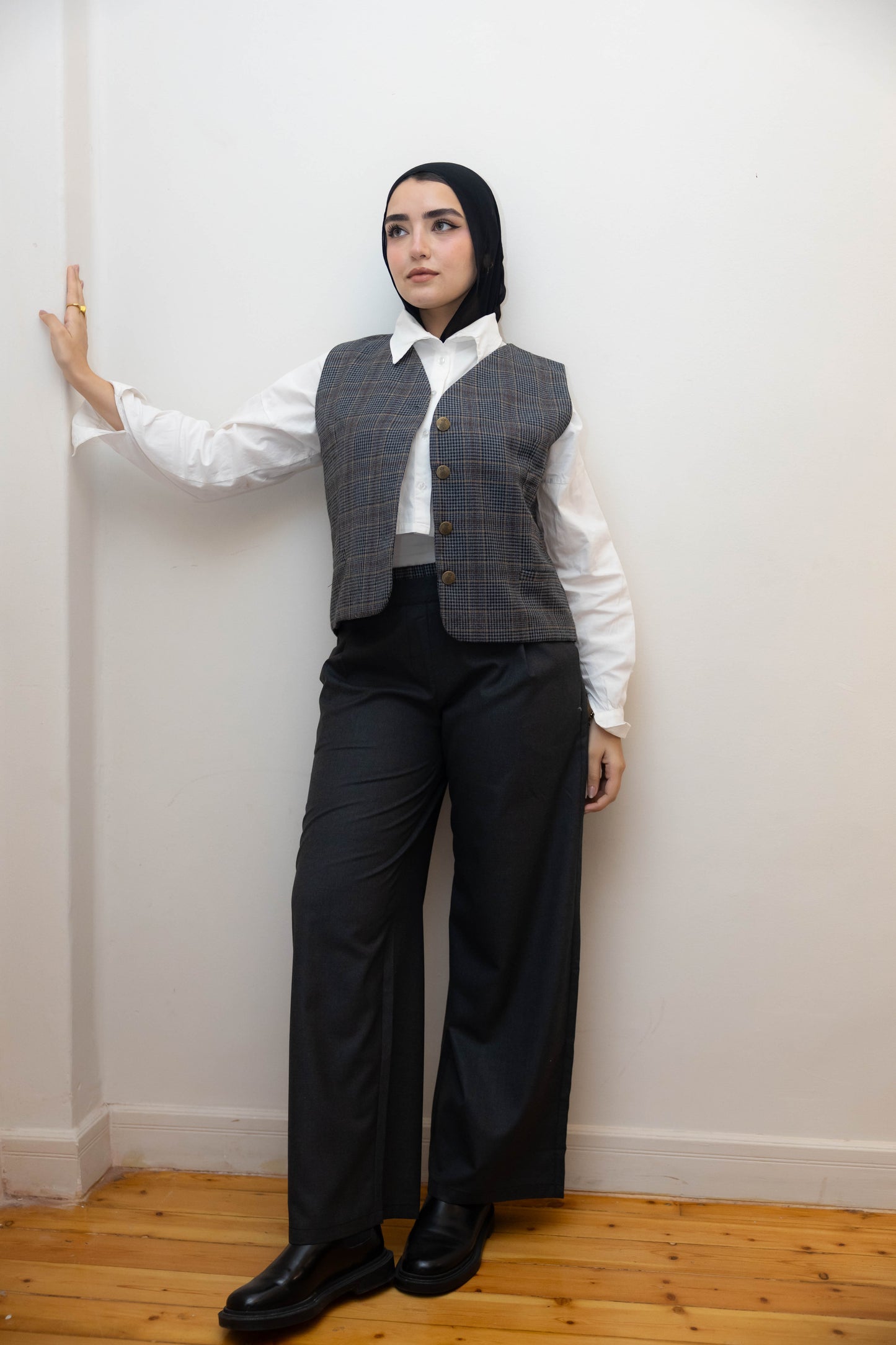 Short gray plaid vest