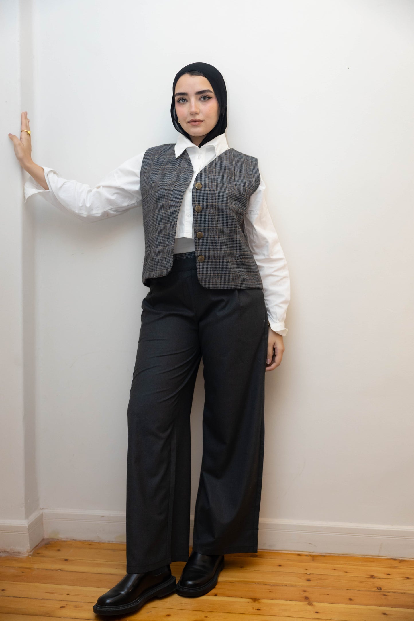 Short gray plaid vest