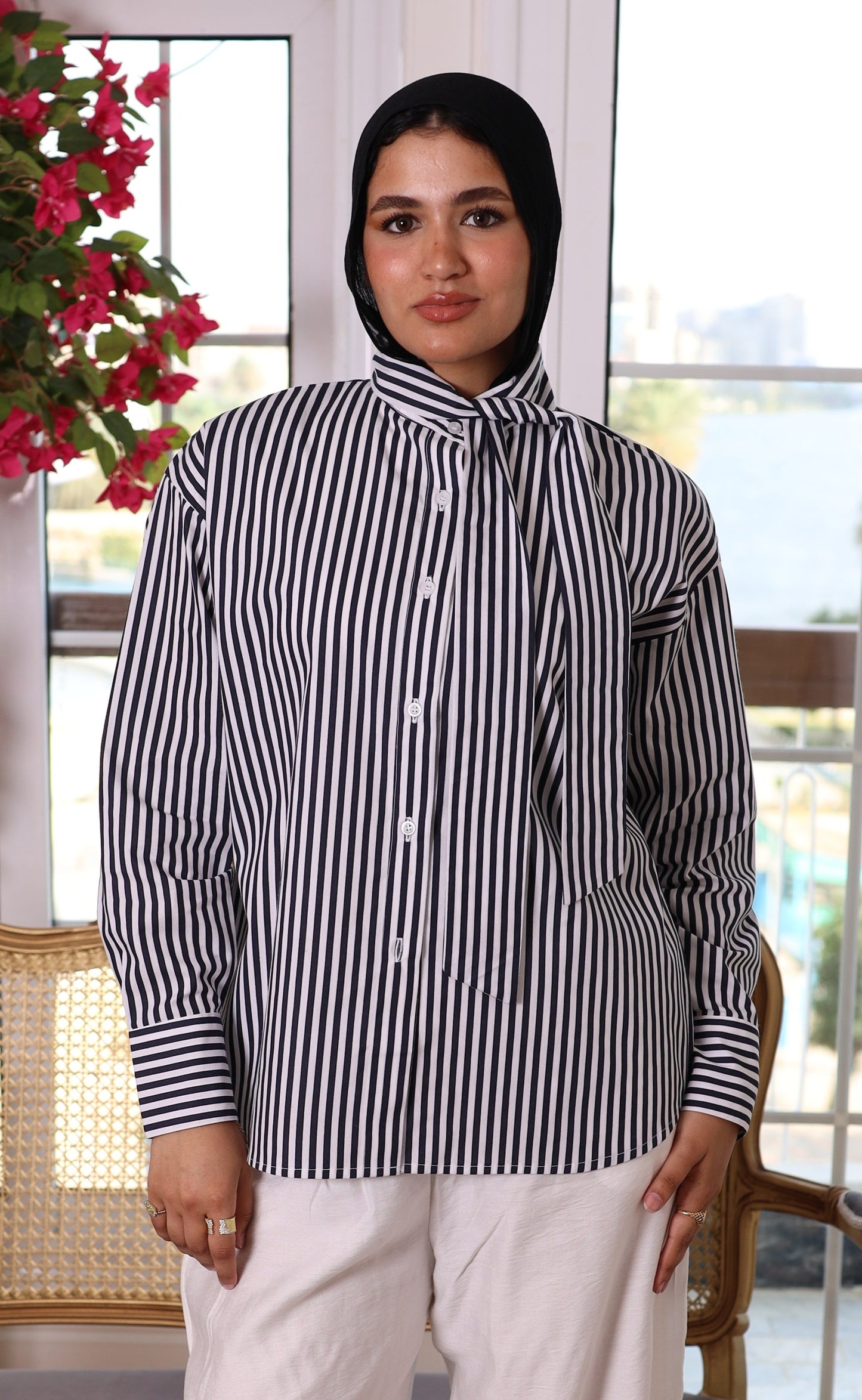 Dark Blue stripped shemiz with bow